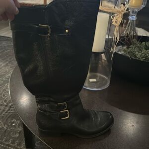 Naturalizer JOHANNA Leather Knee High Boots Wide Calf Stretch Black Gold Buckles